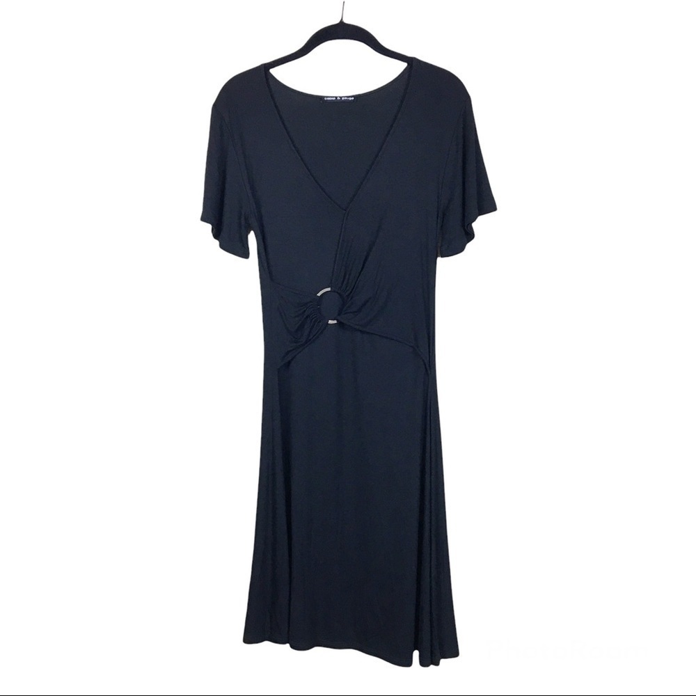 Cable & Gauge Black Ring Ruched Waist Faux Wrap Short Sleeve Dress 
Size XS